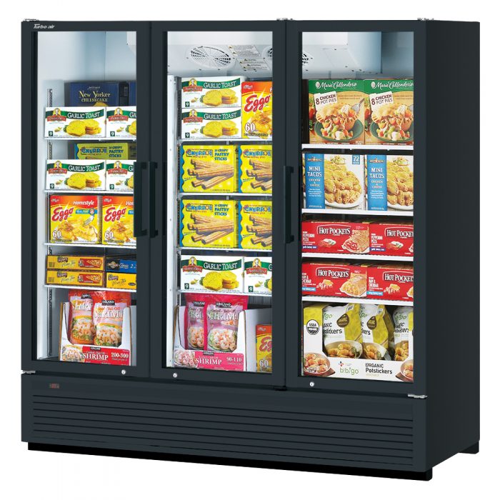Turbo Air TGF-72SDHB-N 78" Black Super Deluxe Three Section Display Freezer w/ Swing Doors – Bottom Mount Compressor, LED Lighting, 115v - Bakery Wholesalers