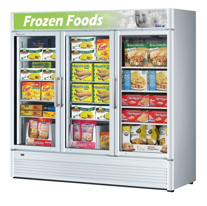 Turbo Air TGF-72SD-N-B 78" White Super Deluxe Three Section Display Freezer – (3) Swing Doors, LED Lighting, 115v - Bakery Wholesalers