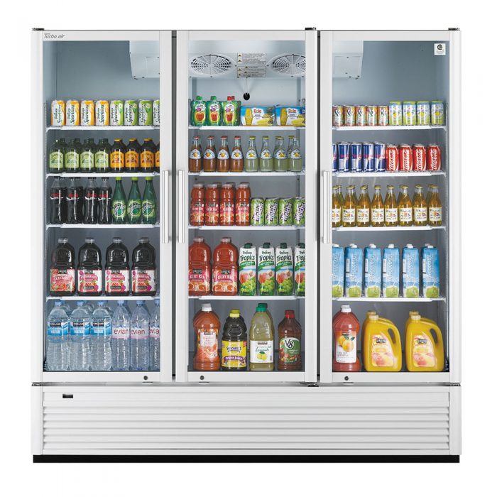 Turbo Air TGM-72SDH-N 78" White Super Deluxe Three Section Glass Door Merchandiser – (3) Left/Right Hinge Doors, Black, 115v - Donut-Equipment.com