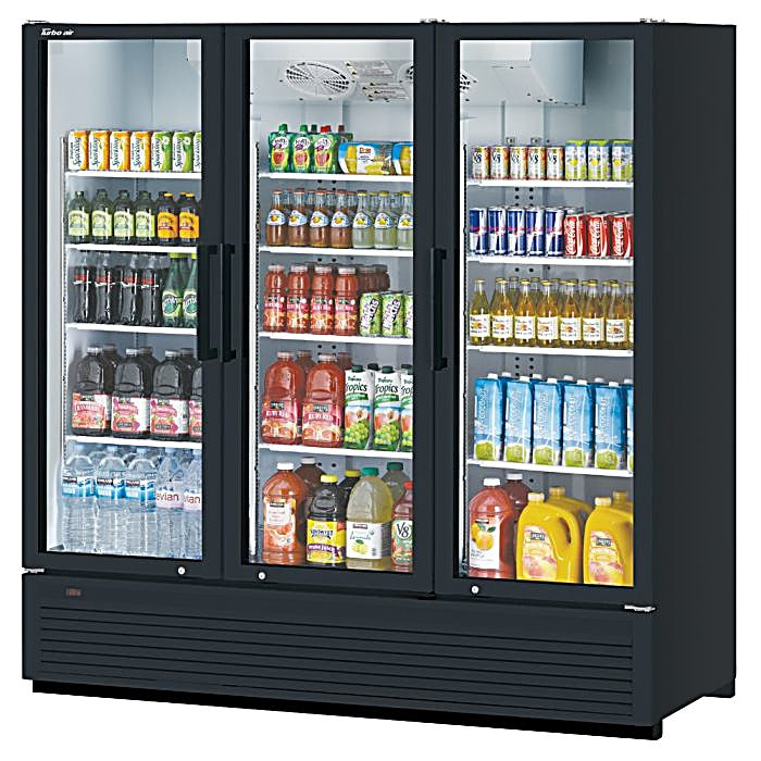 Turbo Air TGM-72SDHB-N 78" Black Super Deluxe Three Section Glass Door Merchandiser – (3) Left/Right Hinge Doors, 115v - Donut-Equipment.com
