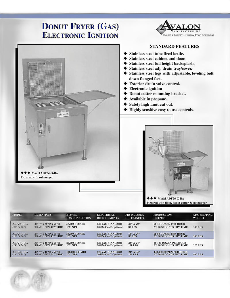 Avalon Donut Fryer, Natural Gas, Electronic Ignition, Right Side Drain Board Bakery Wholesalers