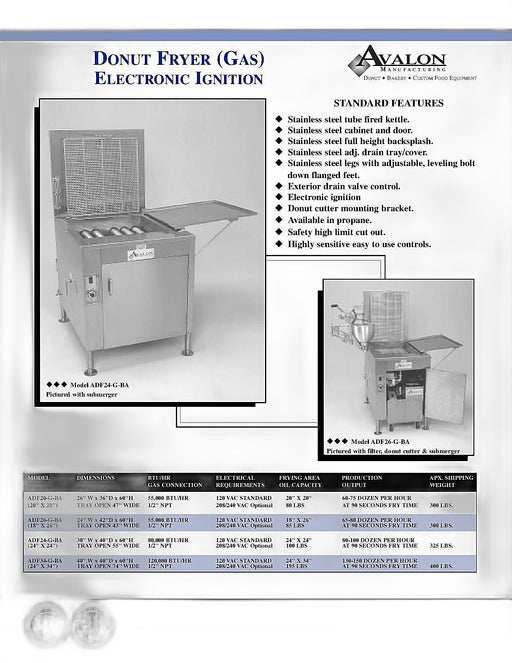 Avalon Donut Fryer, Natural Gas, Electronic Ignition, Right Side Drain Board Bakery Wholesalers