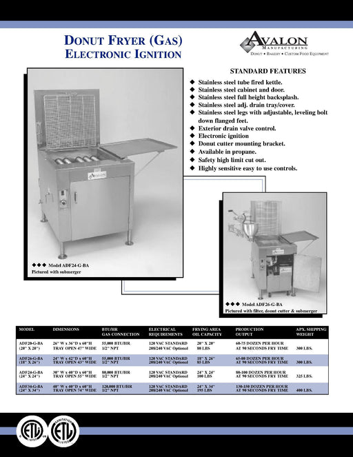 Avalon Donut Fryer, Natural Gas, Electronic Ignition, Right Side Drain Board Bakery Wholesalers