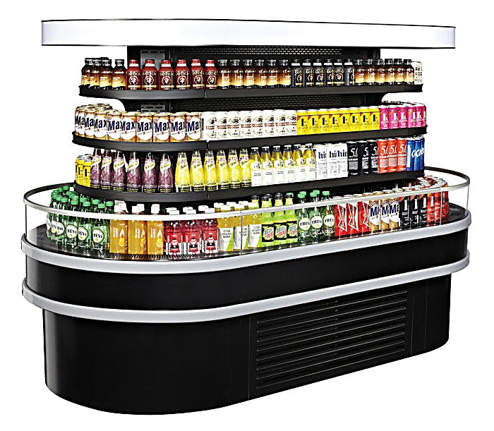 Turbo Air TIOM-48RSRB-N 48" Black Horizontal Island Open Air Cooler – 4 Level Display, 220v - Donut-Equipment.com