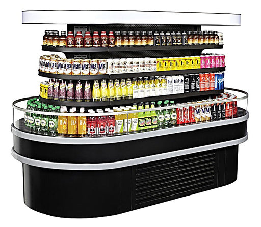 Turbo Air TIOM-48RSRB-N 48" Black Horizontal Island Open Air Cooler – 4 Level Display, 220v - Donut-Equipment.com