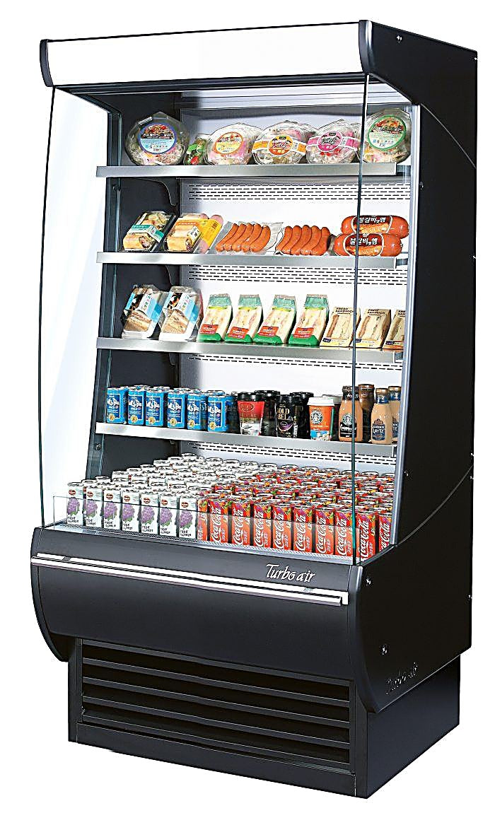 Turbo Air TOM-36DXB-N 36" Vertical Open Air Cooler w/ (5) Levels – Black Exterior, 115v - Donut-Equipment.com