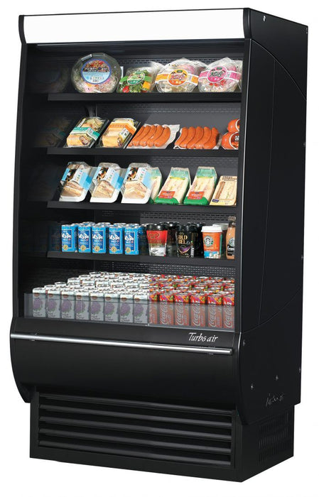 Turbo Air TOM-36DXB-SP-N 36" Black Extra Deep Vertical Open Air Cooler w/ Solid Side Panels, (5) Levels, 115v - Bakery Wholesalers