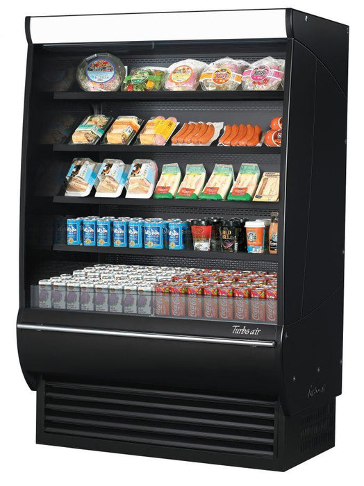 Turbo Air TOM-48DXB-SP-N 48" Black Extra Deep Vertical Open Air Cooler w/ Solid Side Panels, (5) Levels, 115v - Bakery Wholesalers