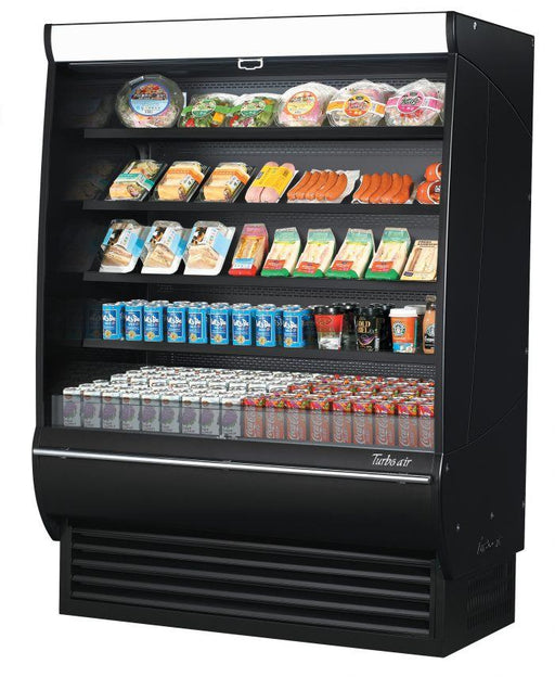 Turbo Air TOM-60DXB-SP-N 60" Black Extra Deep Vertical Open Air Cooler w/ Solid Side Panels, (5) Levels, 115v - Bakery Wholesalers