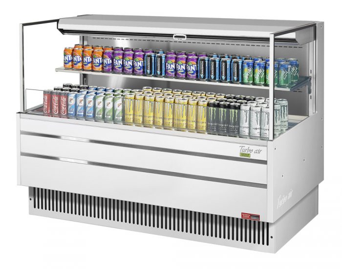 Turbo Air TOM-60L-UF-W-2S-N 58 3/4" White Low Profile Horizontal Open Air Cooler w/ (2) Levels – Ultra Front Merchandiser, 115v - Bakery Wholesalers