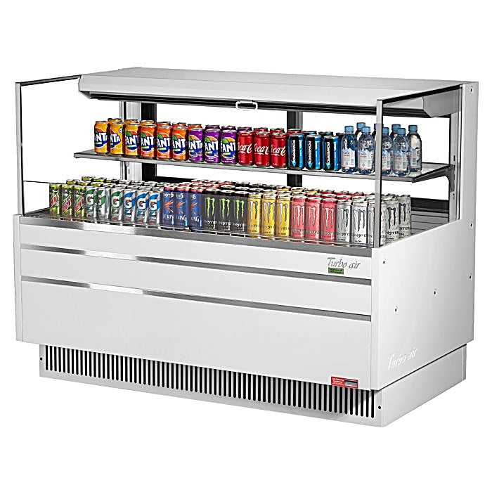 Turbo Air TOM-60L-UFD-W-2S-N 58 3/4" White Low Profile Horizontal Open Air Cooler w/ (2) Levels – Ultra Front Deluxe Merchandiser, 115v - Donut-Equipment.com