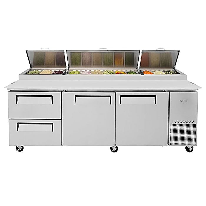 Turbo Air TPR-93SD-D2-N 93" Pizza Prep Table with 2 Doors and 2 Drawers - Donut-Equipment.com