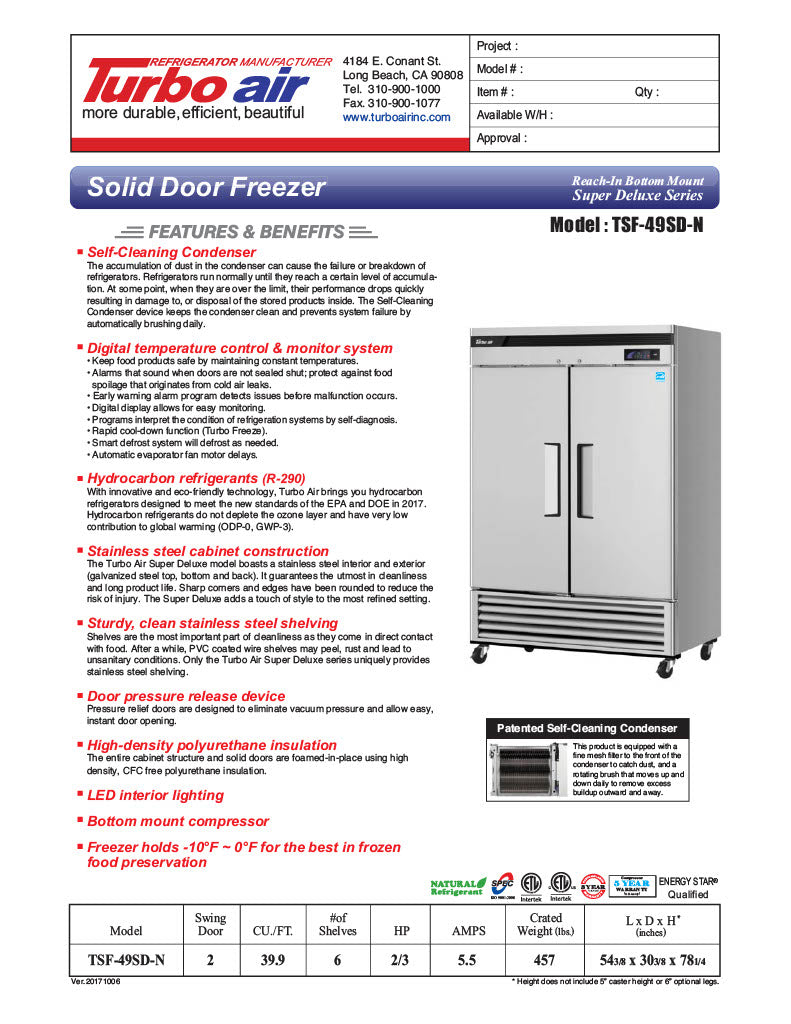 Turbo Air TSF-49SD-N Super Deluxe 54" Solid Door Reach-In Freezer with LED Lighting - Donut-Equipment.com