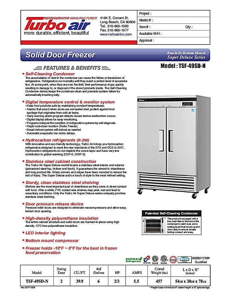 Turbo Air TSF-49SD-N Super Deluxe 54" Solid Door Reach-In Freezer with LED Lighting - Donut-Equipment.com