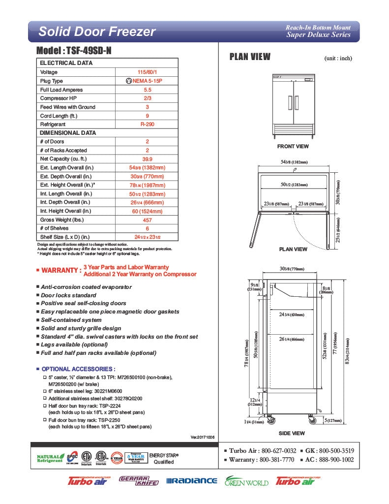 Turbo Air TSF-49SD-N Super Deluxe 54" Solid Door Reach-In Freezer with LED Lighting - Donut-Equipment.com