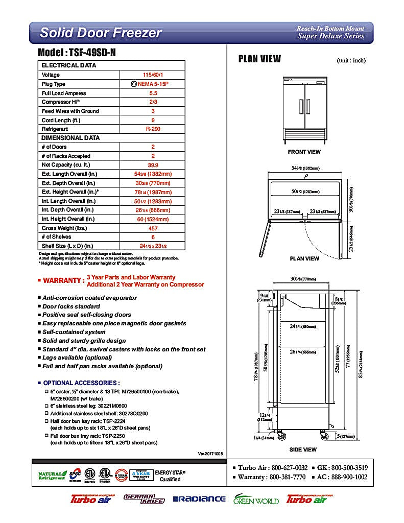 Turbo Air TSF-49SD-N Super Deluxe 54" Solid Door Reach-In Freezer with LED Lighting - Donut-Equipment.com