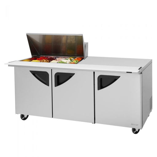 Turbo Air Super Deluxe TST-72SD-15M-N-LW 72" 3 Door Mega Top Refrigerated Sandwich Prep Table with Left Work Station - Donut-Equipment.com
