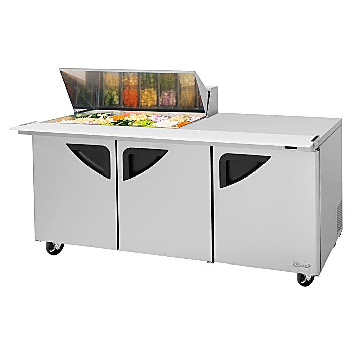 Turbo Air Super Deluxe TST-72SD-18M-N-LW 72" 3 Door Mega Top Refrigerated Sandwich Prep Table with Left Work Station - Donut-Equipment.com