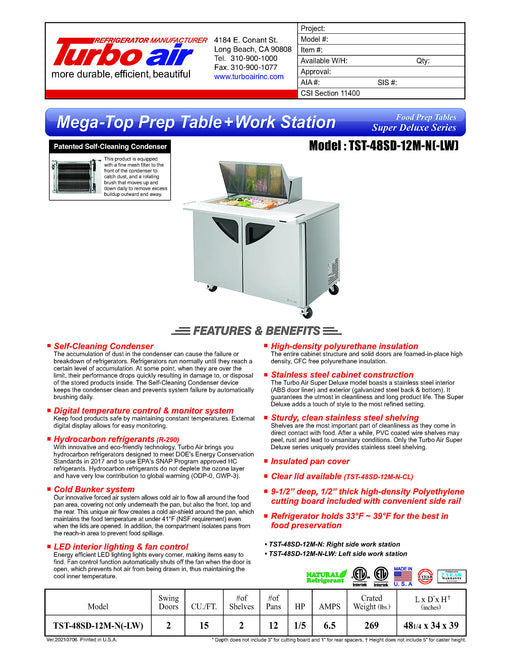 Turbo Air Super Deluxe TST-48SD-12M-N-LW 48" 2 Door Mega Top Refrigerated Sandwich Prep Table with Left Work Station - Donut-Equipment.com