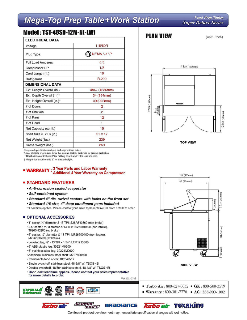 Turbo Air Super Deluxe TST-48SD-12M-N-LW 48" 2 Door Mega Top Refrigerated Sandwich Prep Table with Left Work Station - Donut-Equipment.com