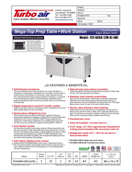 Turbo Air Super Deluxe TST-60SD-12M-N-LW 60" 2 Door Mega Top Refrigerated Sandwich Prep Table with Left Work Station - Donut-Equipment.com