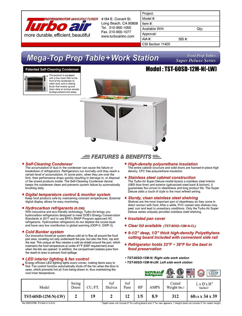 Turbo Air Super Deluxe TST-60SD-12M-N-LW 60" 2 Door Mega Top Refrigerated Sandwich Prep Table with Left Work Station - Donut-Equipment.com