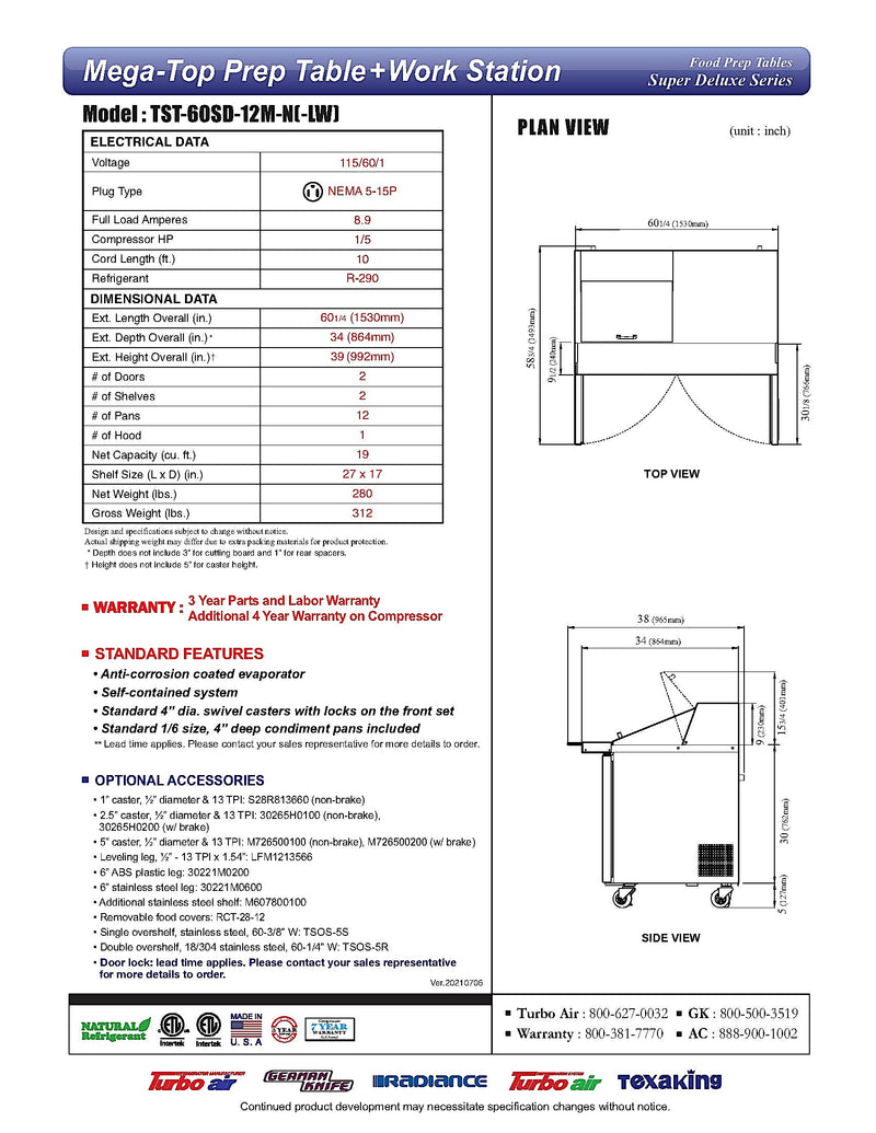 Turbo Air Super Deluxe TST-60SD-12M-N-LW 60" 2 Door Mega Top Refrigerated Sandwich Prep Table with Left Work Station - Donut-Equipment.com