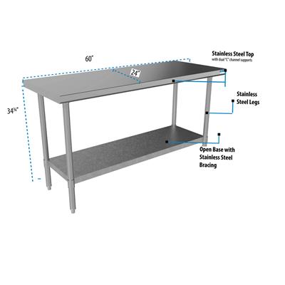 BK Resources 60" x 24" 18 Gauge Stainless Steel Work Table with Galvanized Undershelf – Prep Table - Donut-Equipment.com