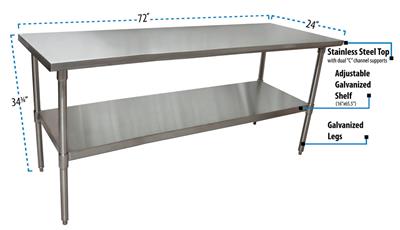 BK Resources 72" x 24" 18 Gauge Stainless Steel Work Table with Galvanized Undershelf – Prep Table - Donut-Equipment.com