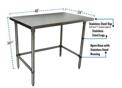BK Resources 48" x 24" 18 Gauge Stainless Steel Work Table with Open Base – Prep Table - Donut-Equipment.com