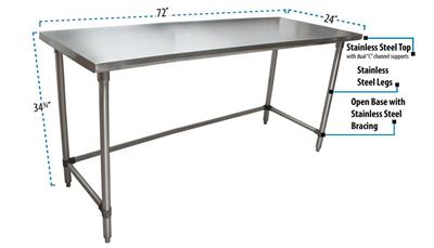 BK Resources 72" x 24" 18 Gauge Stainless Steel Work Table with Open Base – Prep Table - Donut-Equipment.com