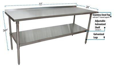 BK Resources 72" x 24" 18 Gauge Stainless Steel Work Table with Undershelf & 1.5" Riser – Prep Table - Donut-Equipment.com