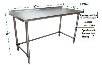 BK Resources 60" x 24" 18 Gauge Stainless Steel Work Table with Open Base & 1.5" Riser – Prep Table - Donut-Equipment.com