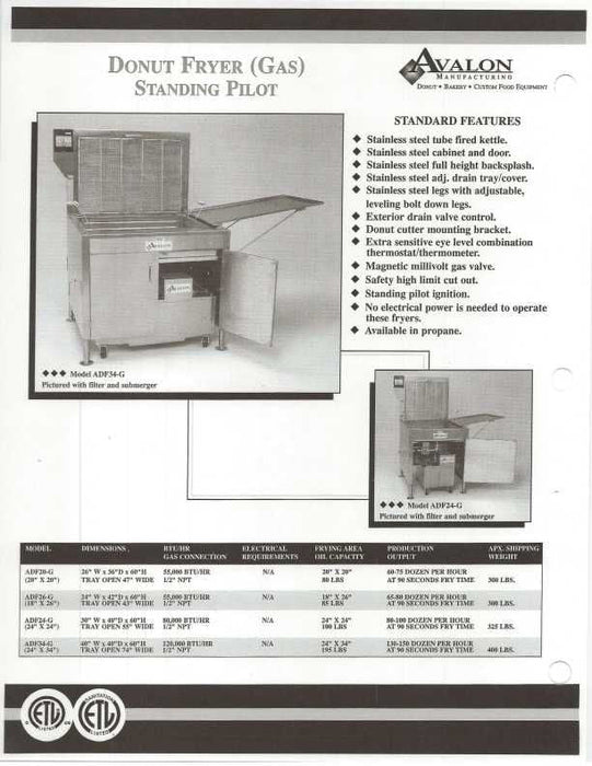 Avalon 18" x 26" ADF26-G Donut Fryer, Natural Gas, Standing Pilot, No Power, left Side Drain Board