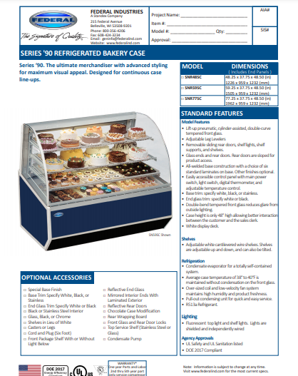 Federal SNR48SC SERIES '90 Refrigerated Bakery Case 48" x 37.75" x 48"