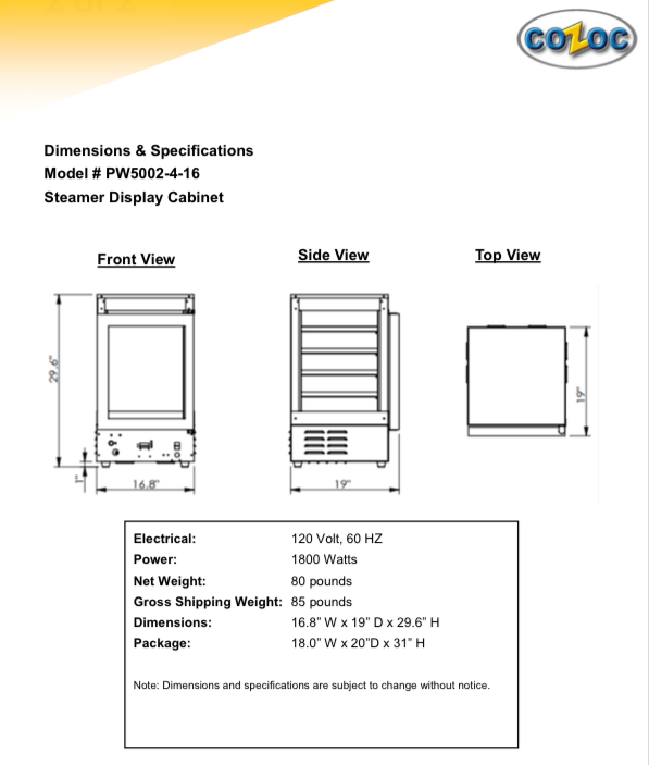 Steamer Heated Merchandiser Cabinet by Cozoc # PW5002-4-16 Bakery Wholesalers