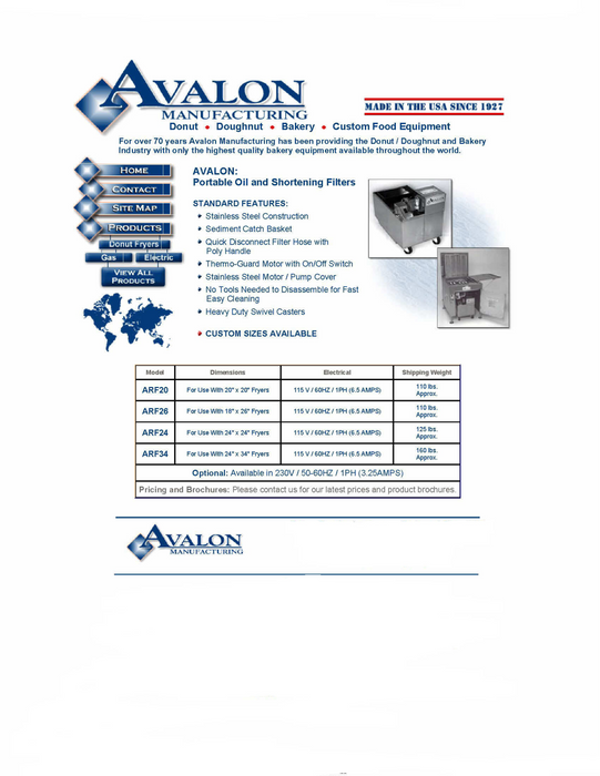 Avalon ARF20 E (Electric Fryer) Oil/Shortening Filter 115V
